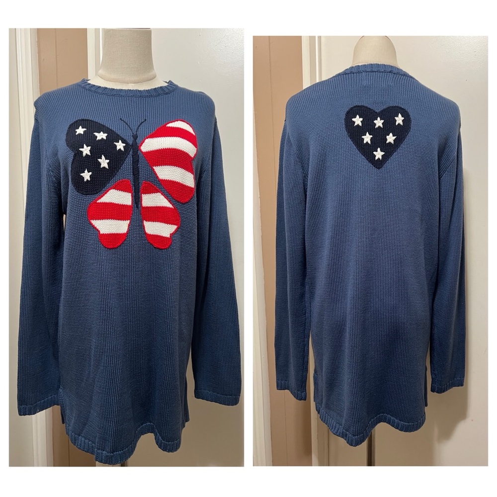 Quaker Factory Womens Sweater Stars & Stripes USA Flag Butterfly Patriotic Sz S